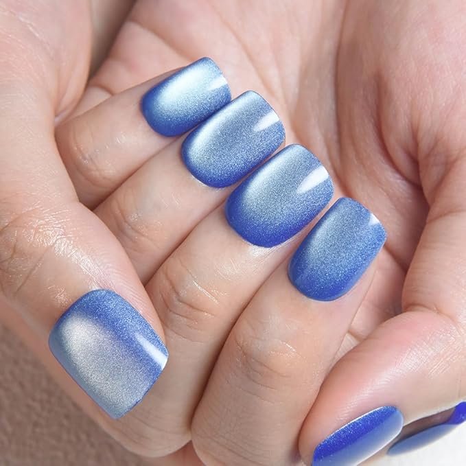 evpct Blue Cat Eye Extra Short Press on Nails Square, Petite Short Square Stick on Nails for Women Gift, Light Sky Blue Metallic Glitter Glossy Reusable Gel Press on Acrylic Fake Nail with Designs