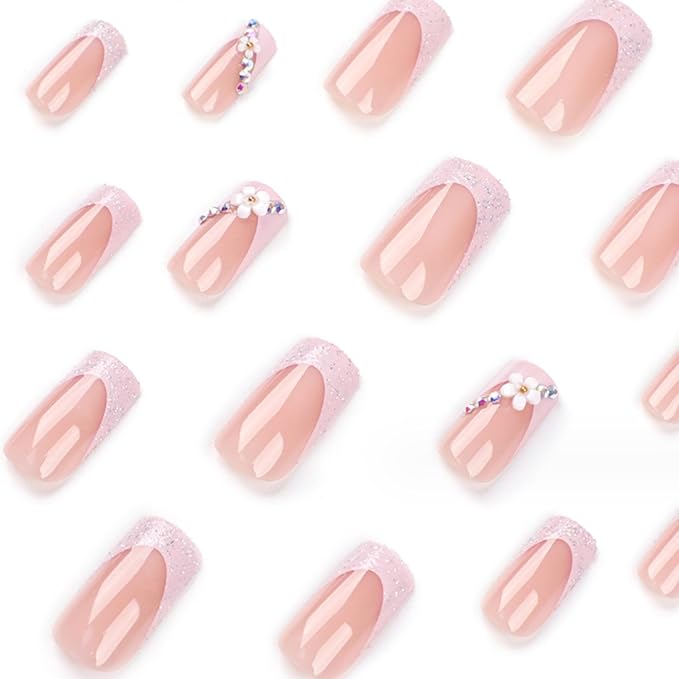 Hkanlre French Square Press on Nails Medium Fake Nails Tips Full Cover Flower False Pink Nails for Women and Girls 24PCS