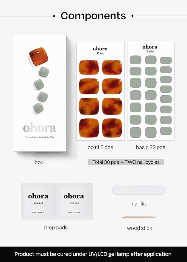 ohora Semi-Cured Gel Pedi Strips 34pcs(P Vesuvio) - Includes 16 Solid Color, 14 Accent Wraps, 2 Prep Pads, Nail File & Wooden Stick
