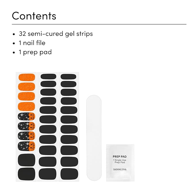 Dashing Diva Gloss Nail Strips - Hey Pumpkin - UV Free, Chip Resistant, Long Lasting Gel Nail Stickers - 3-Piece Manicure Set - Contains 32 Wraps, 1 Prep Pad, 1 File