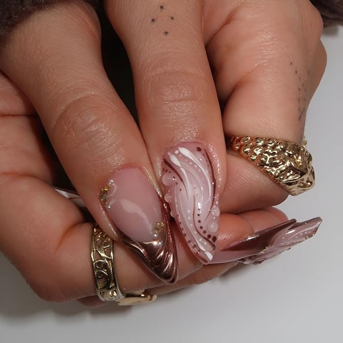 French Tip Press on Nails Medium Almond Fake Nails White Brown Nails Press Ons Brown Flower False Nails with Gold Rhinestones Design Glossy Glue on Nail Acrylic Stick on Nail for Women Set 24Pcs