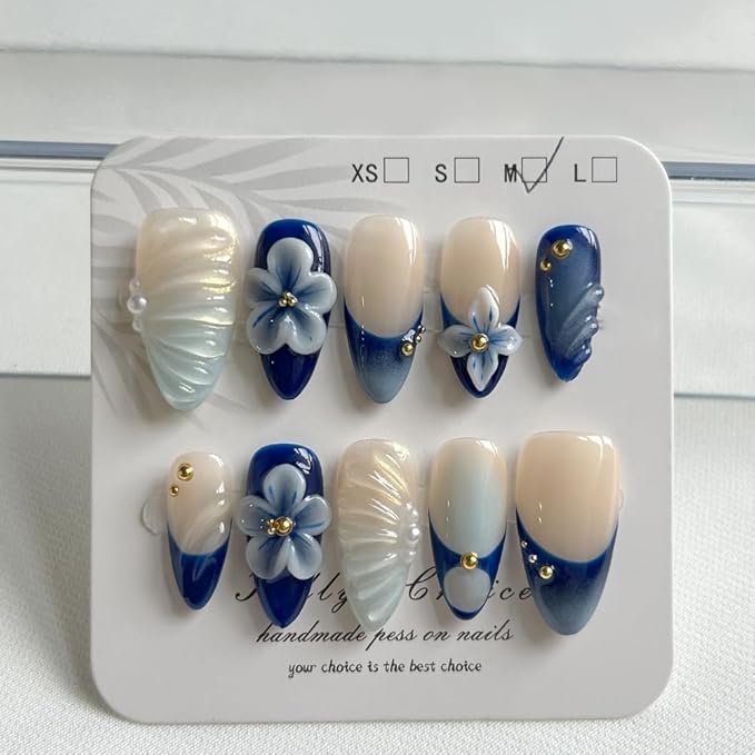Press On Nails - Luxury Medium Almond 3D False Nails Women Reusable ABS Material Finger Printed Nail Tip French Salon Design Artificial Fingernail (Size M)