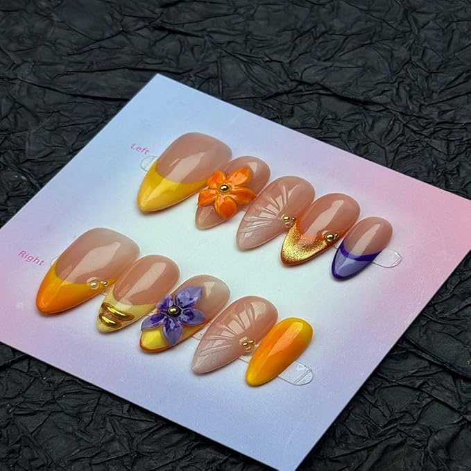100% Handmade Press on Nails Medium Almond Handmade Nails with Purple Flower Design Ombre Yellow False Nails French Tip Nail Press ons Reusable Spring Summer Acrylic Fake Nail for Women Size M 10Pcs