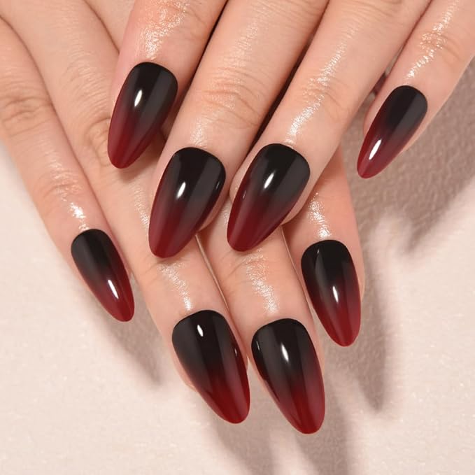 evpct Press on Nails Short Almond Ombre Design, Black to Blood Red Ombre Glossy Artificial Acrylic Fake Nails Reusable with Kit, Perfectly Fit Stick on Full Cover Soft Stick on False Nail for Women