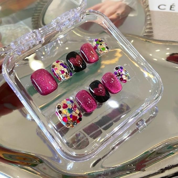 Short Square Press on Nails - Handmade Manicure Art Reusable False Nails 10pcs with Solid Nail Glue, Nail Adhesive Tabs, Strong Nail Glue (120-Short)