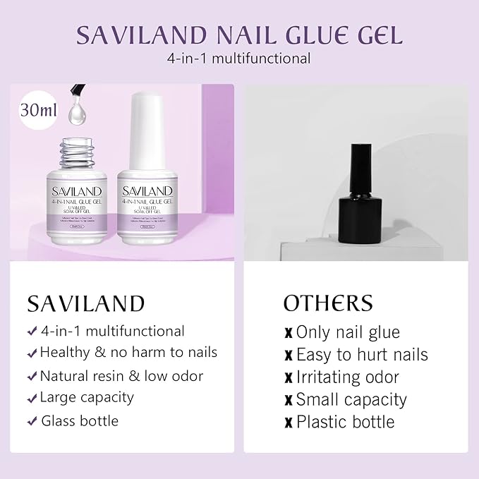 SAVILAND 4-in-1 Nail Gel Set, 2 pcs 15 ML Upgraded Glue for Fake & Press on Nails, Gel Base Strengthen and Nail Repair Treatment, Replacement for Glue.