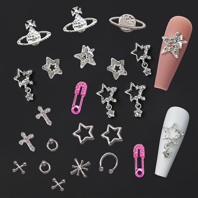 134PCS Nail Charms for Acrylic Nails,Silver Star Planet Cross Punk Pink Pin Billiards Nail Art Accessories,Nail Jewels for Nail Art Supplies Craft DIY