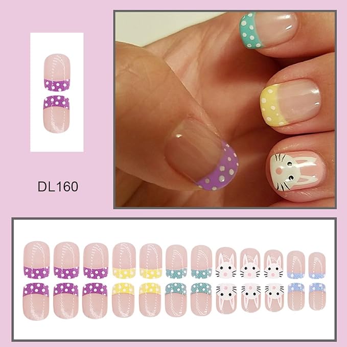 Easter Press on Nails Pastel French Tip Fake Nails Short Square Nails Press ons with Bunny Polka Dots Designs Full Cover Glue on Nail Artificial Stick on Nails for Women Manicure 24Pcs