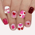 24Pcs Valentines Press on Nails Short Square Fake Nails Pink Heart Acrylic Nails with Love Letter Cherry Romantic Stick on Nail Love Heart False Nails Valentines Glue on Nails Decoration for Women DIY