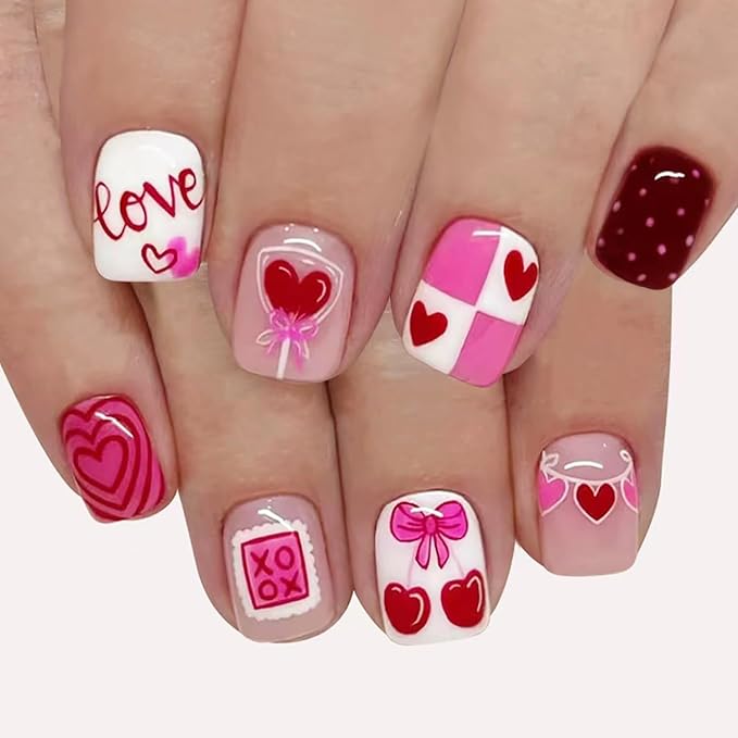 24Pcs Valentines Press on Nails Short Square Fake Nails Pink Heart Acrylic Nails with Love Letter Cherry Romantic Stick on Nail Love Heart False Nails Valentines Glue on Nails Decoration for Women DIY
