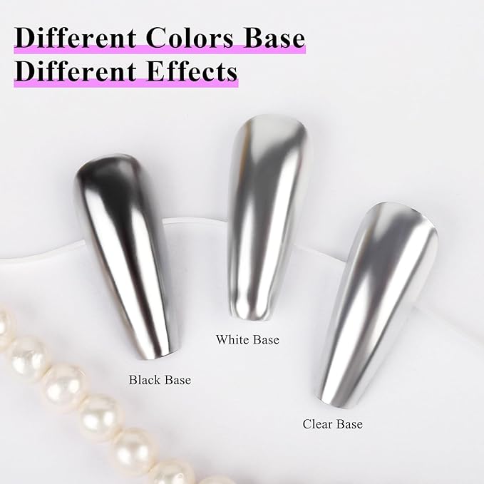 Imtiti Silver Chrome Nail Powder Kit,1g Silver Meatllic Mirror Effect Powder with 10ml White Color Gel Polish Metal Nail UV DIY Kit
