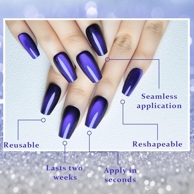 evpct Royal Blue Cat Eye Coffin Press on Nails Square Medium, Medium Square Stick on Nail for Women Gift, Royal Blue Metallic Glitter Glossy Reusable Soft Gel Press on Acrylic Fake Nails with Designs