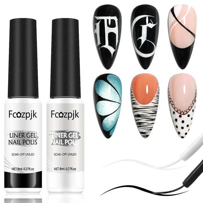 Black And White Gel Polish, 2PCS 8ML Gel Nail Polish Art Liner Set for French Tips Swirls Lines Gels Paint with Build in Thin Brush Detailing Draw Design Home Manicure Salon Supply UV Curing