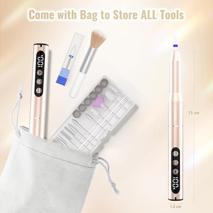 Electric Nail Drill Cordless, 35000RPM Portable Electric Nail File with LCD Display and 12 Nail Drill Bits for Acrylic & Gel Nails, Professional Manicure & Pedicure Kit Set Golden