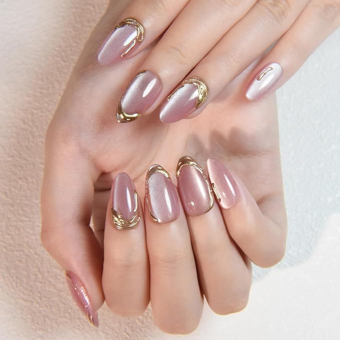Pink Cat Eye Press on Nails Short Almond, Acrylic Fake Nails with 3D French Tip Gold Line Design, Reusable Glue-On Stick for Cute Pink Nails for Women
