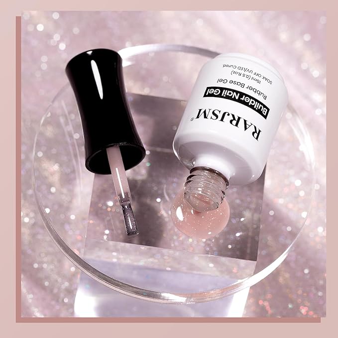 RARJSM Glitter Rubber Base Gel Nail Polish Nude Melon Pink Rubber Base Rainbow Iridescent Shimmer Brush on Quick Extend Builder Hard Gel Soak Off Curing Requires 15ml Salon Home French Manicure