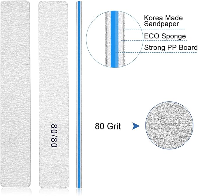 Nail File for Acrylic Nails 12pcs, 80/80 Grit Files Emery Boards, Jumbo Washable Thick Professional Square Nail File Manicure Tools for Nail Tech