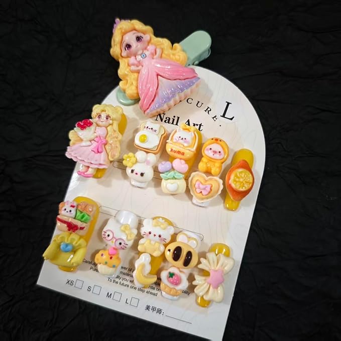 10Pcs(1Pack) Handmade Press On Nails 3D Flower Nails Cute Catoon Fluffy Nails for Women Party Holiday Daily Wear Size S