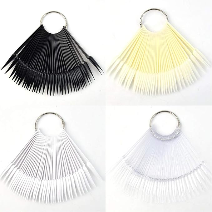 160 Pcs False Nail Sticks - Fan Shaped Swatch Sticks, Display Board, Transparent, Black, Natural, Milky Colors, Stiletto Tips