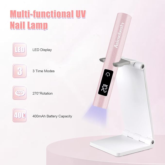 UV Light for Gel Nails, Mini UV Nail Lamp Hand held with Stand, Portable Small Nail Dryer Light for Gel Polish with 3 Timers, Rechargeable Cordless UV Light Nail for Fast Curing, Rose