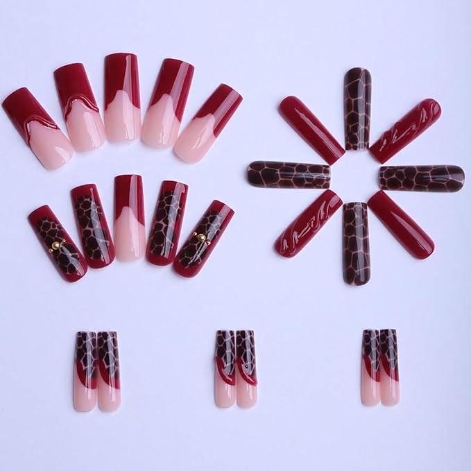 Square Press on Nails Long Purple Fake Nails 3D Charm with Leopard Stick on Nail Tips for Women