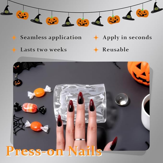 evpct Press on Nails Short Almond Ombre Design, Black to Blood Red Ombre Glossy Artificial Acrylic Fake Nails Reusable with Kit, Perfectly Fit Stick on Full Cover Soft Stick on False Nail for Women