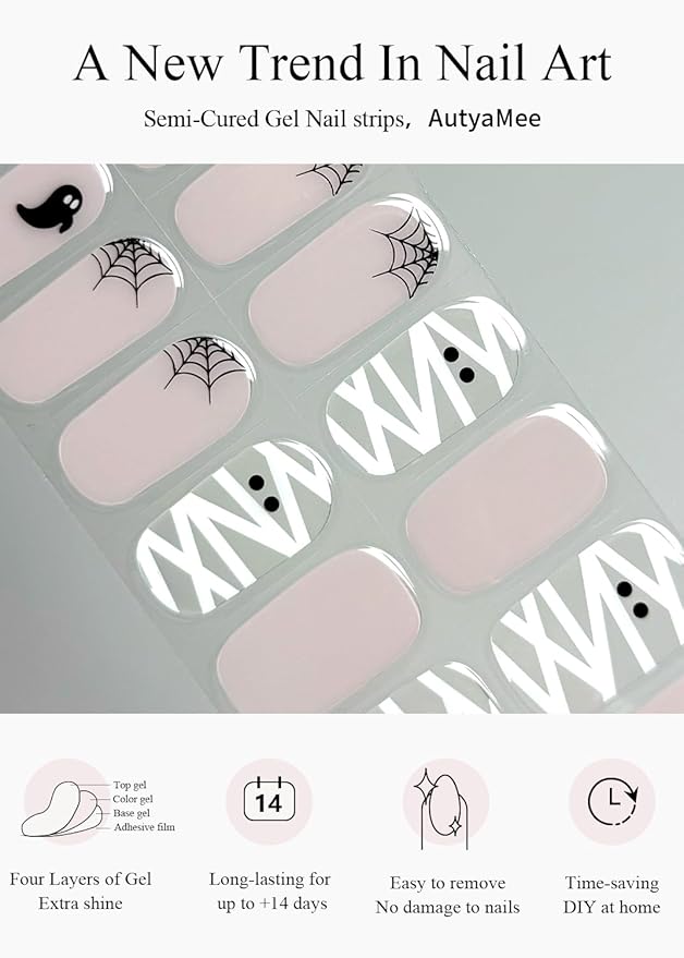 Semi Cured Gel Nail Strips (Cream Ghost), Halloween, 20 Pcs Gel Nail Wraps, Stickers, Salon Quality, Long Lasting, Works With Any UV Lamps