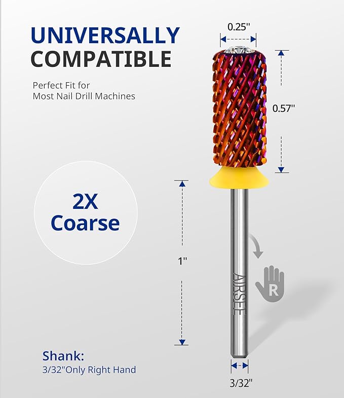 AIRSEE Tungsten Carbide Acrylic Nail Drill Bit Super Cut Bit Efile Electric File Machine Head Tip for Manicure Polishing Art Remove Gel Professional 3/32" Beginner Safety Crystal Top Barrel 2X Coarse