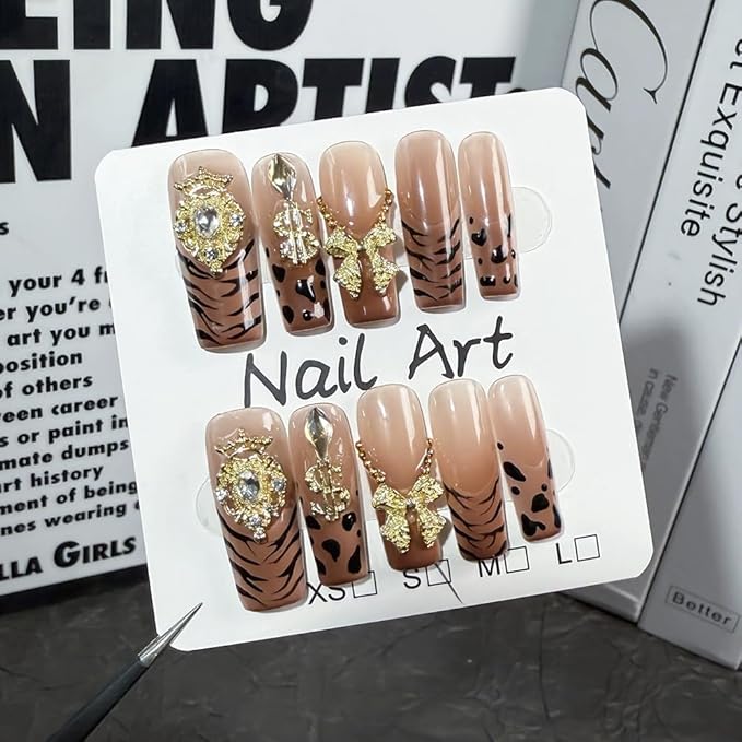 Handmade Press on Nails French Tip Leopard Fake Nails with 3D Bow and Gold Crown Designs False Nails Fall Glossy Acrylic Nails for Women DIY (Size M）