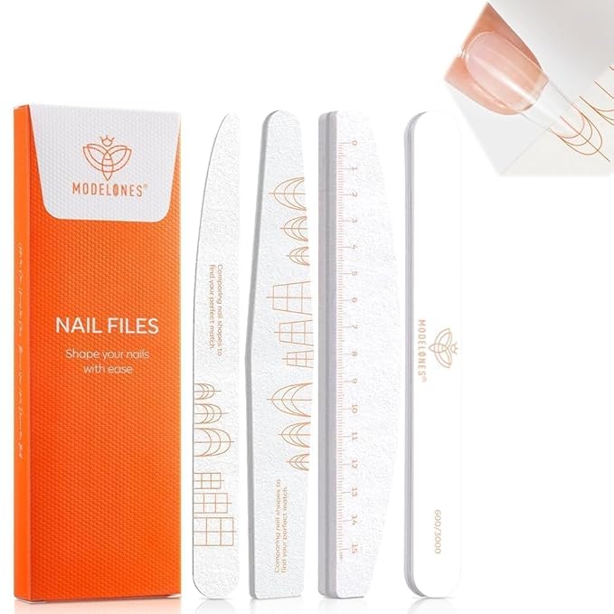 Modelones Nail Files and Nail Buffers Blocks 4 PCS, Double Side Trimed & Shaped Emery Board 100/150/180 Grits 600/3000 Nail Shine Polishing Stick, Reusable Washable Anti-bend Anti-drop Particles White