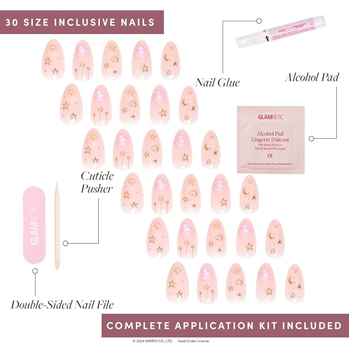 Glamnetic x Hello Kitty® and Friends Press On Nails - My Melody™ | Short Almond Gold Foil 3D Graphic Fake Nails in a Glossy Finish | 15 Sizes - 30 Nail Kit with Glue