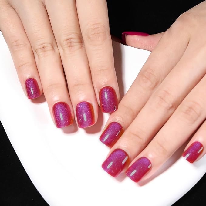 Press on Nails Short Square, Blue-Red Shift Cat Eye Press on Nails, Fashion Gel Fake Nails, Reusable Acrylic Fake Nails, Glossy Stick on Nails for Women Gift, Glue on Nails Kit, Twilight Rose