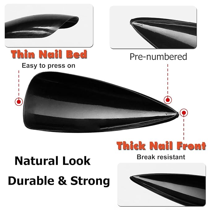AddFavor 576pcs Long Stiletto Press on Nails 24 Solid Colors Glossy Full Cover Fake Nails Acrylic Artificial False Nail Tips 12 Sizes for Women Girls Nail Art Design