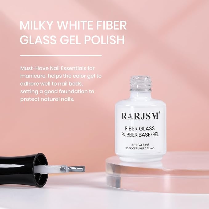 RARJSM Nude Milky White Fiber Glass Rubber Base Gel Nail Polish for Repair Broken Nails Strengthener Gel Base Coat Transparent Brush on BuildingGel in a Bottle Soak Off UV LED Curing Requires 15ml