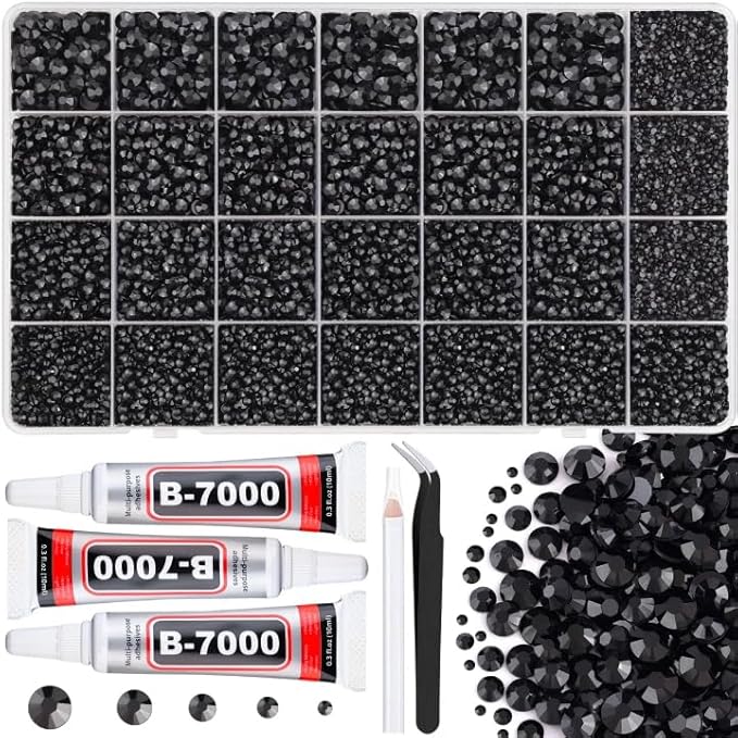 32000Pcs Resin Rhinestones for Bedazzling with 3Pcs B7000 Jewelry Glue, Black Flatback Gems Rhinestones for Crafting, Clothing Tumblers Mugs Shoes Fabric Decor Nail Art