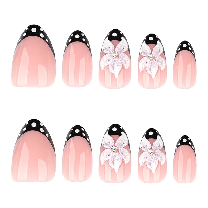 3D Pink Flower Black Polka Dot French Tips Press On Nails Short Almond, Acrylic Fake Nails. Salon-Quality Reusable Stick-Ons, Spring Summer Nails for Parties & Daily Wear | Women & Girls