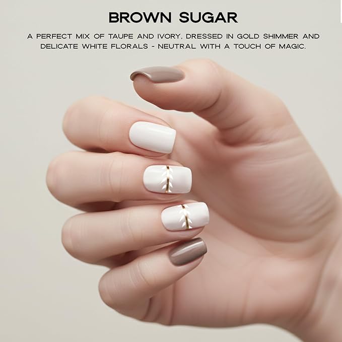 Semi Cured Gel Nail Strips with 30 Pieces - UV Gel Stickers, Manicure Kit, Easy Application Wraps Includes Prep Pads, Nail File, Wooden Stick - UV Light Required (Brown Sugar)