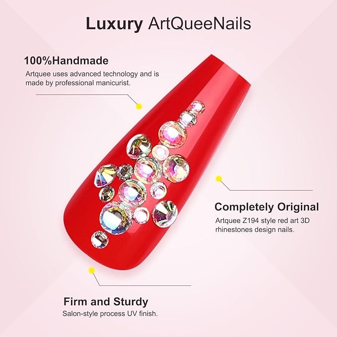 Artquee Red Coffin Press on Nails Long Fake Nails with Rhinestones Design Full Cover Luxury Bridal Wedding False Nail Kit Stick on Nails for Women 24Pcs