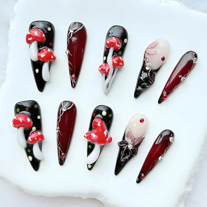 Thick Press on Nails Long Almond Handmade Nails Black Fake Nails with Glue,Cute 3D Mushroom and Flowers Art False Nails with Design Extra Long Halloween Nails Nature Stick on Nail for Wome (Size S)
