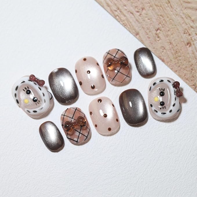 10 Short Oval Handmade Press On Nails | 3D Floral with Cat Eye Polka Dot & Sweet Bow details,Winter Styles | Skip Salon Trips, Easy to Apply & Remove, Reusable (251106A, S)
