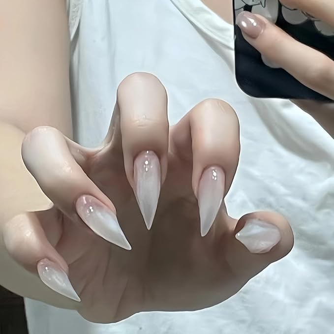 Press on Nails Medium Curved Stiletto Handmade Eagle Claw Unique Reusable Fake Nails Dragon Claw False Nails with Designs Cat Claw Glossy Glue on Nail Thick Acrylic Nail (Translucent White,XS)