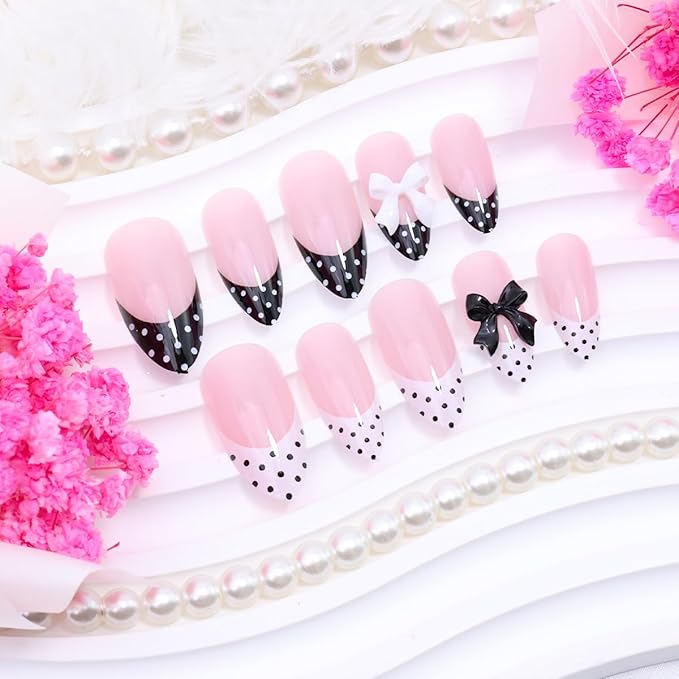 24Pcs French Tip Press on Nails Medium Almond Fake Nails with 3D Black White Bow Design Cute False Nails Polka Dot Nails Tip Glossy Glue on Nails Reusable Stick on Acrylic Nails for French Manicure