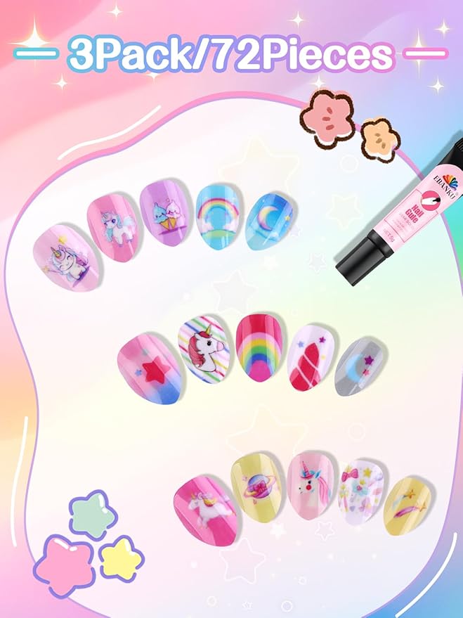 EBANKU 3 Pack Unicorn Press on Nail Kid, Cute False Nails for Kids Colorful Press on Nail Short Artificial Fake Nail Kits for Women Girls