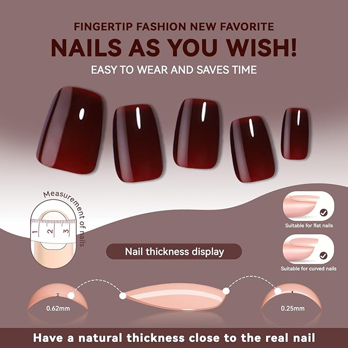 Dark Red Press on Nails Short Square, Sofe Gel Glossy Burgundy Nails Fall Full Cover Glue on Nails, Reusable Winter Thick Pretty Fake False Acrylic Nails Press Ons for Women,32pcs