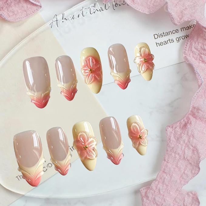 Almond Press on Nails Gradient French Tip Luxury False Nails Full Cover Handmade Press on Nails 3D Flower Water Ripple Designs Medium Thick Acrylic and Muti-Layer Gel Fake Nails for Women (Size S)