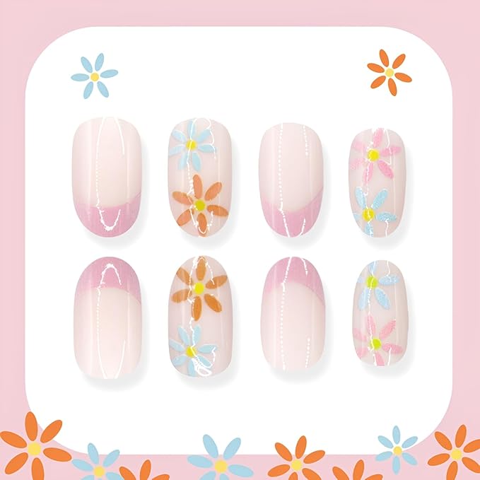 Flower Fake Nails Medium Almond Press on Nails Pink French Tip False Nails Summer Spring Nails Press Ons Glossy Full Cover Glue on Nail Acrylic Stick on Nail for Women Decorations Set 24Pcs