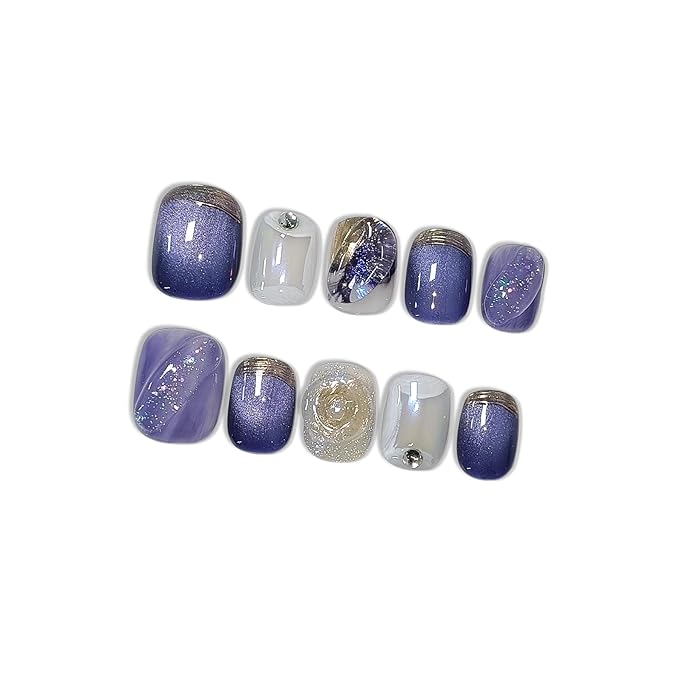 10pcs Press on Nails, Short Squoval Fake Nails, Blue Cat Eye Ombre with Golden Bling Edge, Glossy Finish Handmade Nails Sweet Style, Reusable for Party (Size M)