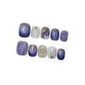 10pcs Press on Nails, Short Square Fake Nails, Blue Cat Eye Ombre with Golden Bling Edge, Glossy Finish Handmade Nails Sweet Style, Reusable for Party (Size XS)