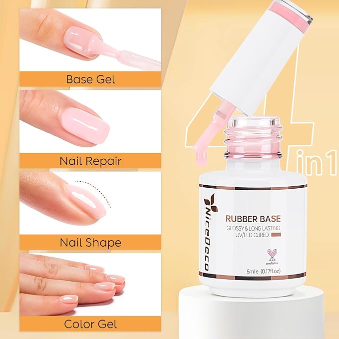 Nicedeco Rubber Base Gel Polish for Nails, Hema Free, Cruelty Free, Vegan, 12 Pcs Rubber Gel Nail Strengthener Nude Pink Nail Polish Kit 2