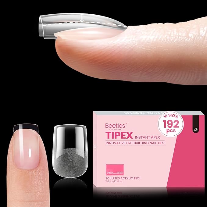 Beetles Tipex Instant Apex Nail Tips,Extra Short Squoval 192Pcs 16 Sizes Pre-Building & Pre-Etched Strong Thick Half Matte Acrylic Nail Tips Full Cover Press on Nails